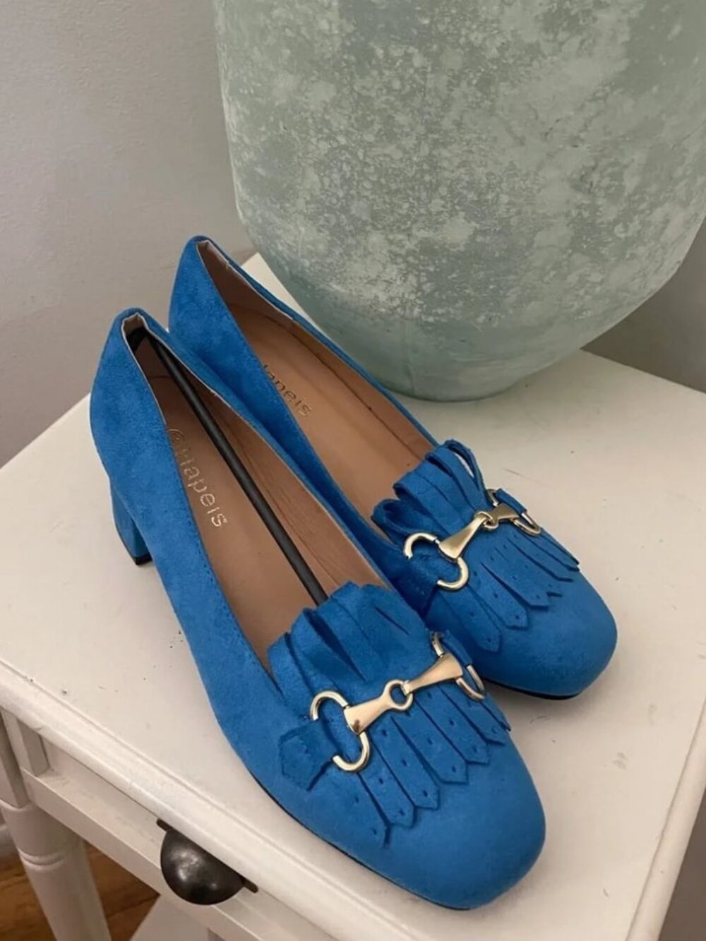 Bight Blue Faux Suede Fringe Loafers with Gold Accent